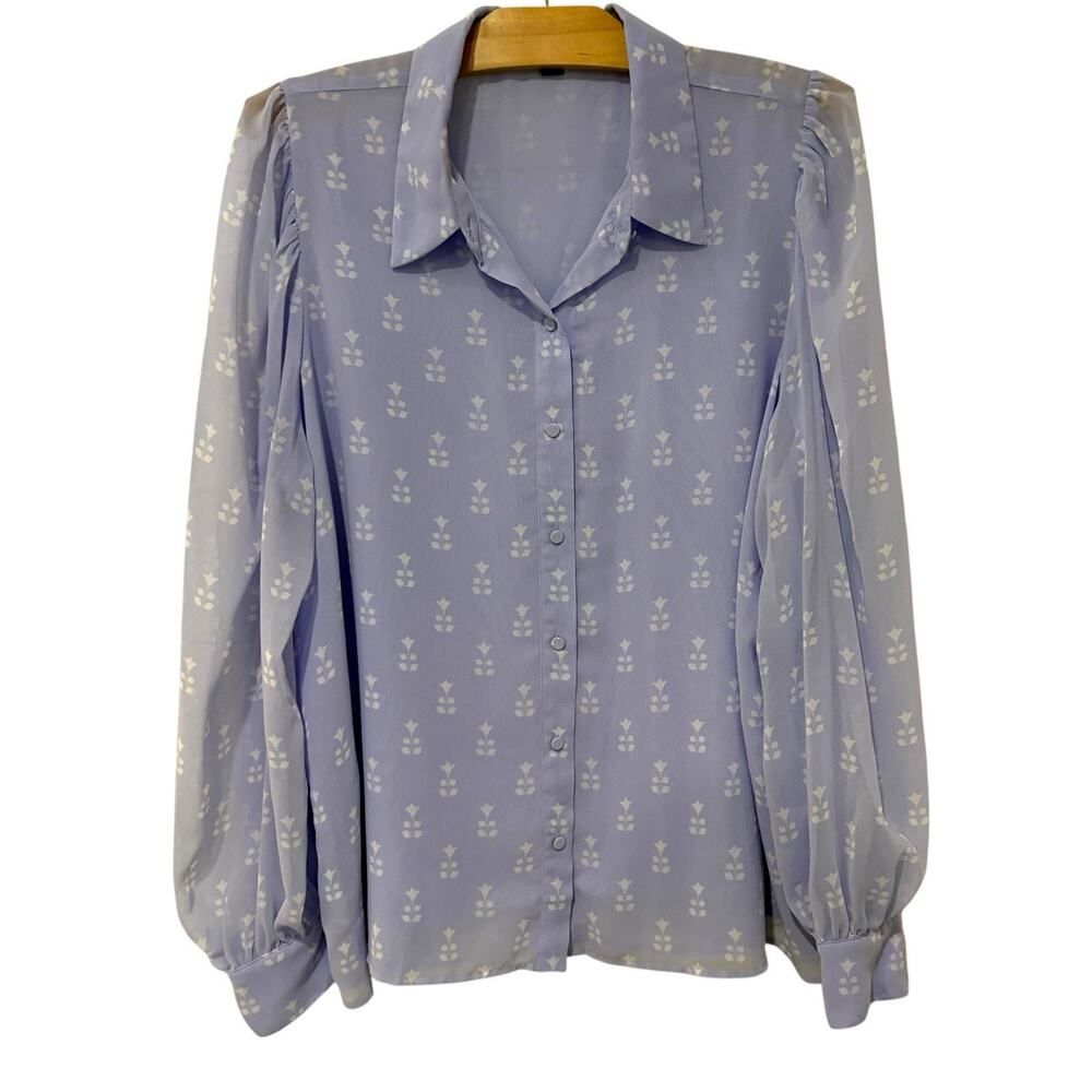 Ann Taylor | Top Button Front Long Sleeve Purple Flowers Business Career Size XL
